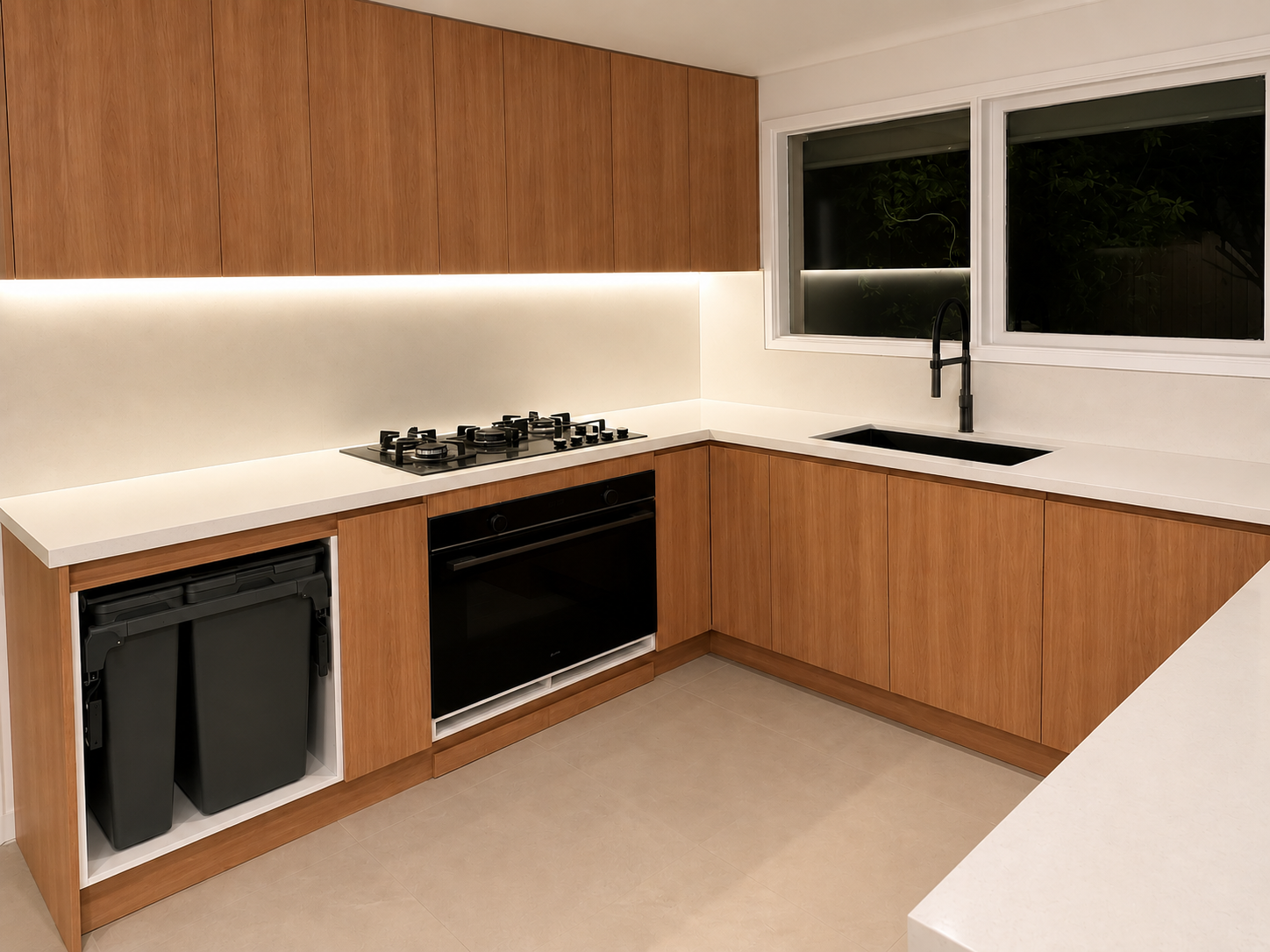 Warm timber kitchen cabinetry and stone bench top