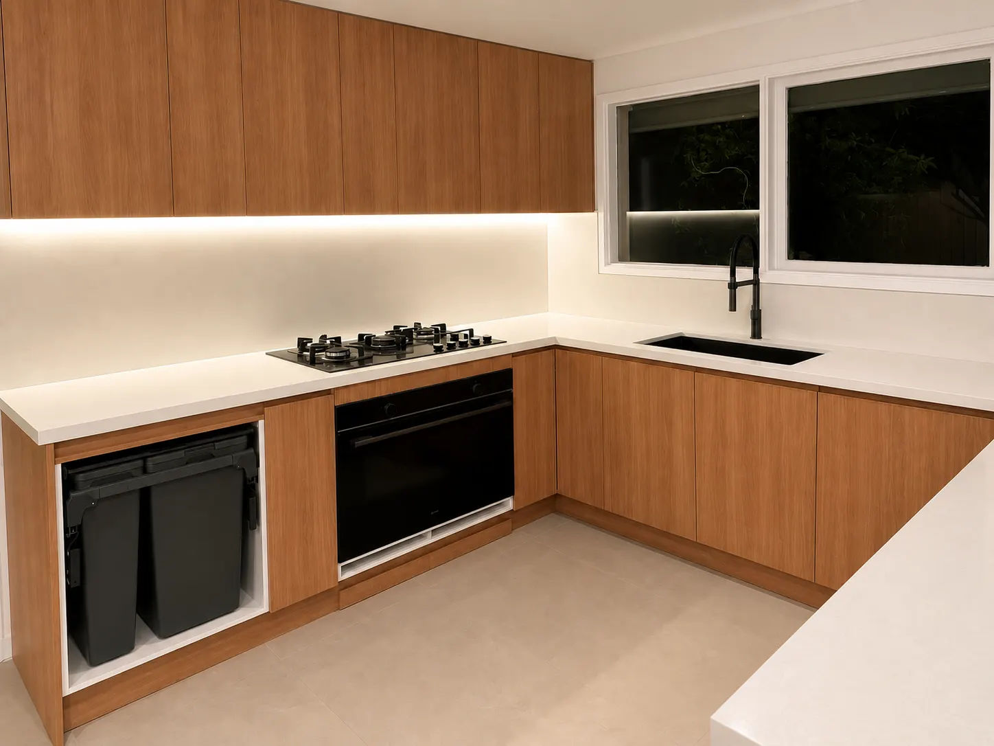 Warm timber kitchen cabinetry and stone bench top