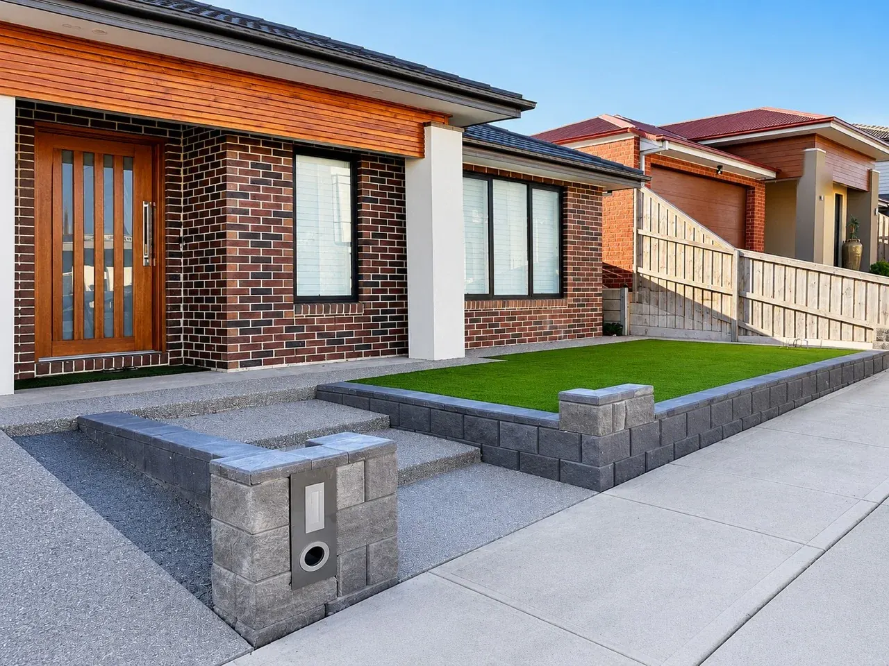 Completed Wollert front yard with rock edging and artificial grass