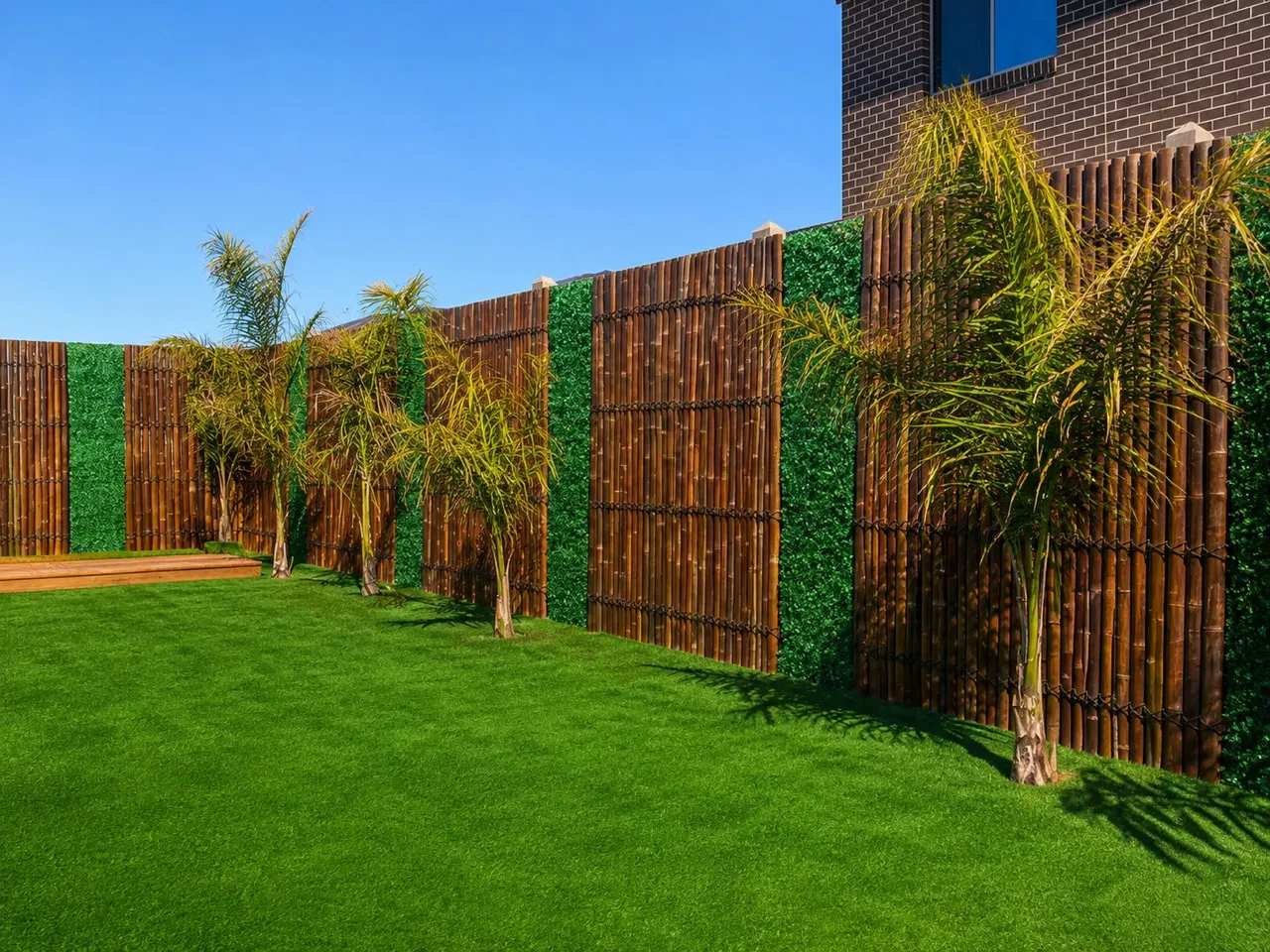 Finished backyard with artificial lawn, palms and bamboo privacy screening