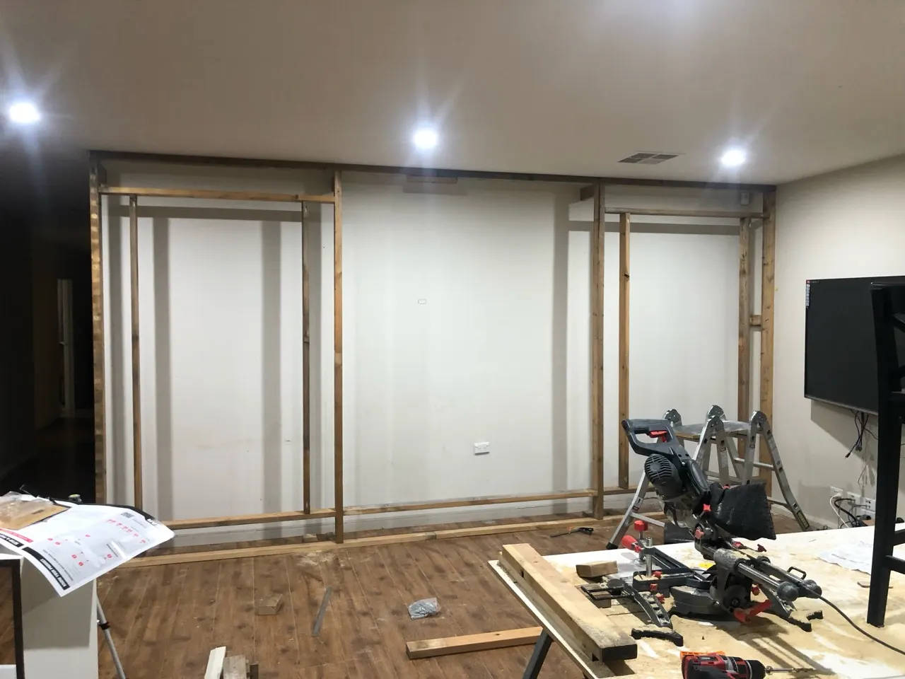 Timber framing at the start of a built-in entertainment wall project