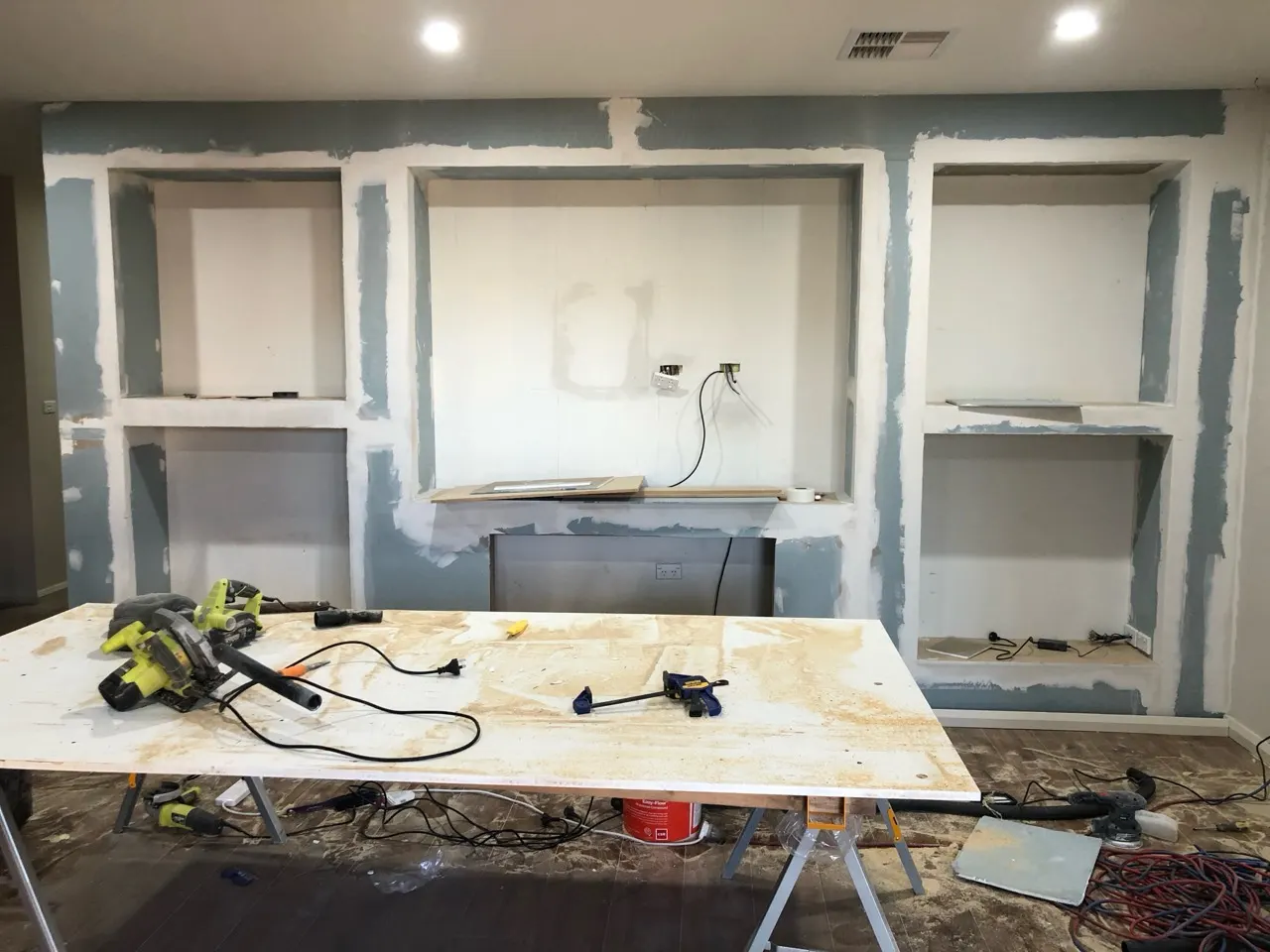 Entertainment wall lined and set before its final finish